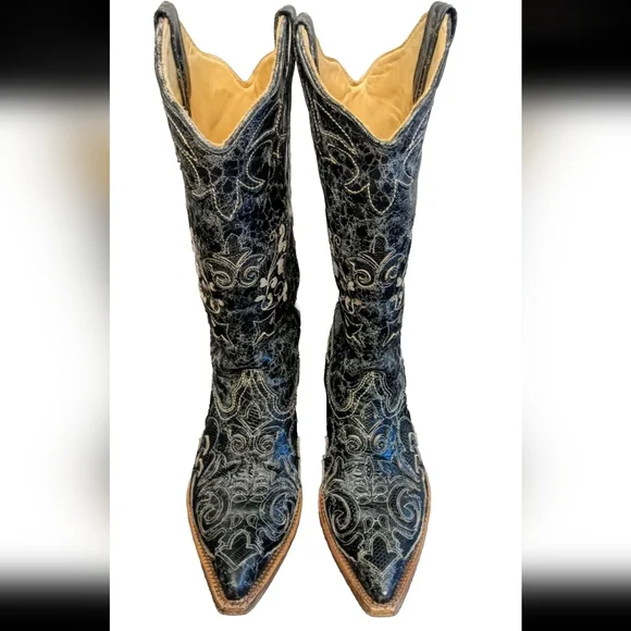 Corral Lizard Inlay Distressed Black Western Boots Floral Design C2108 Womens 7M - Picture 3 of 7